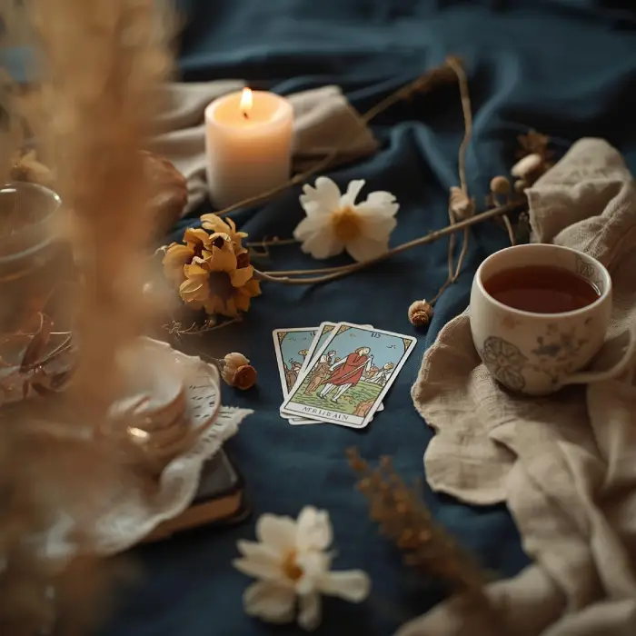 Ambiance douce et apaisée des Ateliers Tarot à Lorient : cartes de tarot, bougie et tasse de thé sur un fond bleu profond, lumière dorée